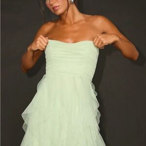 Lulu’s Delightful Beauty Mint Green Mesh Strapless Ruffled Mini Dress